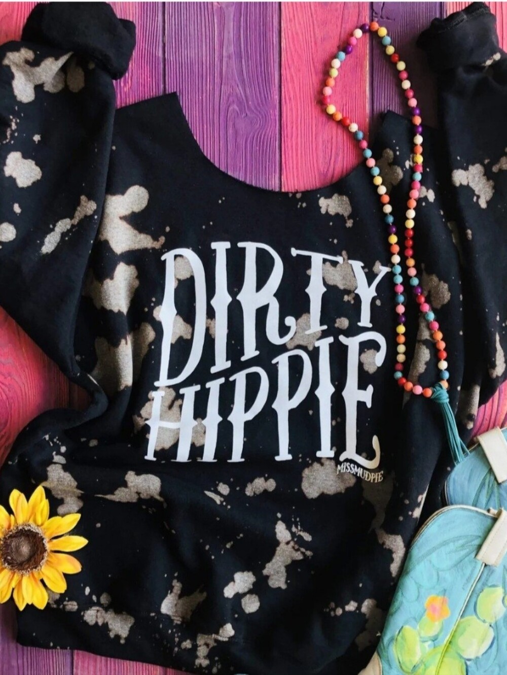 Dirty Hippie Bleach Splatter Raw Cut Wide Neck Sweatshirt S M L